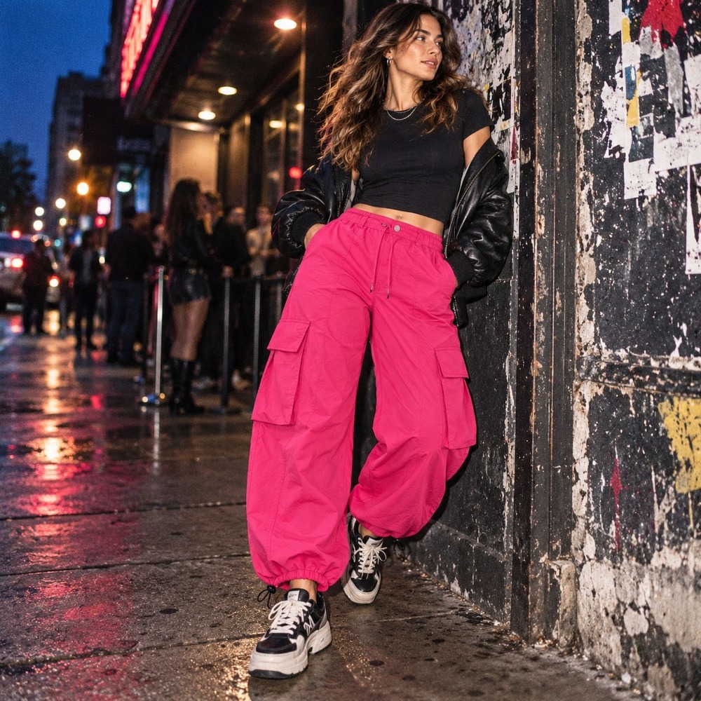 Hot Pink Parachute Cargo Pants M Y2K Streetwear Drawstring Hem
